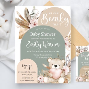Editable We Can Bearly Wait Baby Shower Invitation, Boho Bear Baby Shower Invite, Balloon Bear Baby Shower Invite, Bear Balloons baby shower