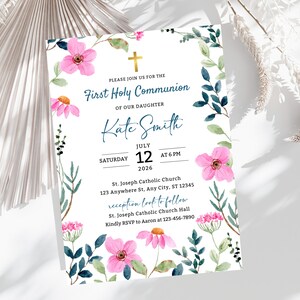 Baptism Invitation Template, Floral Baby Girl Invites Editable, Wildflower Baptism Invite Christening Invitation Rustic Baptism