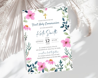 Doopsel uitnodiging sjabloon, Floral babymeisje nodigt uit bewerkbare, Wildflower doopsel uitnodigen doopsel uitnodiging rustieke doopsel