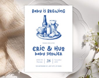 Baby Is Brewing Shower Invitation, Coffee Baby Shower Invite, Espresso Theme Party Invite, Boy Blue Coffee Latte Cafe Theme, Editable Canva