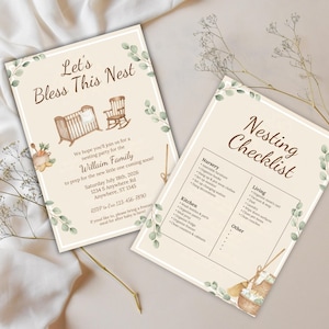 Invitación "Bendigamos este nido", plantilla de invitación para fiesta de anidación, lista de verificación imprimible, invitación neutral para baby shower, descarga instantánea