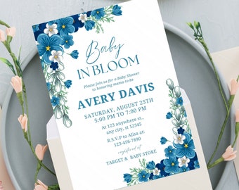 Baby in Bloom Baby Shower Invitation, Wildflower Baby Shower Invitation , Flower Baby Shower Invitation,  Dusty Blue  Baby Shower Invitation