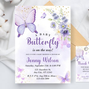 Editable Purple Butterfly Baby Shower Invitation, Butterfly Baby Shower Invitation for Girl, Purple Butterfly, Editable Canva Template