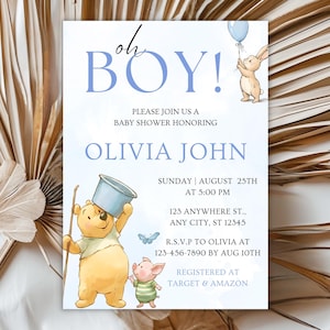 Classic Winnie The Pooh Baby Shower Invitation, A Little Hunny is on the Way BABY SHOWER Invitation Boy Baby Shower Invitation