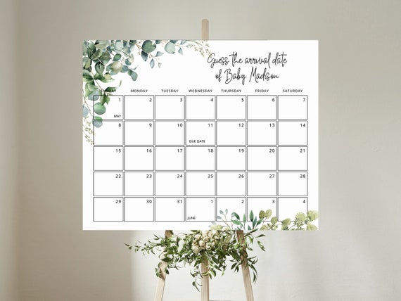 Baby Due Date Calendar, Baby Birthday Calendar, Baby Shower Game, Guess Baby's Birthday, Editable Baby Prediction,Due Date Game, Greenery