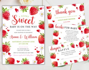 Editable Berry Sweet Baby Shower Bundle, Strawberry Baby Shower Invitation Bundle, Berry Baby Shower Invitation, Instant Download