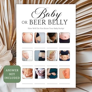 Jeu de ventre de bébé ou de bière, enceinte ou jeu de baby shower de ventre de bière, jeu de baby bump shower, jeu de devinettes, activités modernes minimalistes