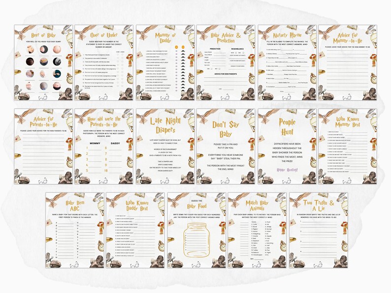 Puede incluir: Un conjunto de 10 tarjetas de juego de baby shower imprimibles con un tema de bosque caprichoso. Las tarjetas presentan un fondo marr&oacute;n claro con acentos dorados e ilustraciones de b&uacute;hos, hongos y globos aerost&aacute;ticos. Los t&iacute;tulos de los juegos incluyen "&iquest;Qui&eacute;n conoce mejor a mam&aacute;?", "Consejos y predicciones para beb&eacute;s", "Pa&ntilde;ales nocturnos" y "Dos verdades y una mentira".