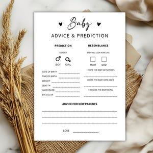 Prédictions et cartes de conseils pour bébé, jeu de douche à imprimer pour révéler le sexe de bébé, prédiction pour bébé, jeux de baby shower, souhaits des futurs parents