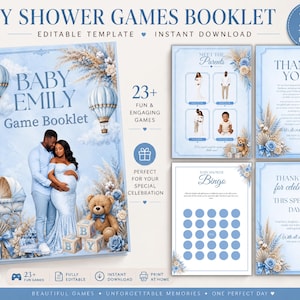 Puede incluir: Un folleto de juegos para baby shower con temática azul claro, globos aerostáticos, un oso de peluche y detalles florales. La portada muestra a una pareja, el texto Baby Emily Game Booklet y 27 páginas. Incluye más de 23 juegos.