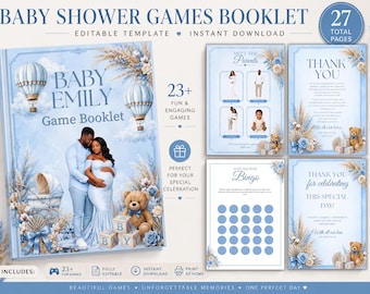 Editable Baby Shower Games Booklet Template, Blue Baby Shower Activity Book, Boy Baby Shower Games Bundle, Printable Magazine Booklet