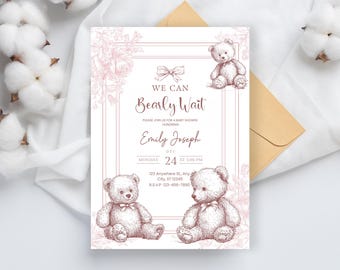 Bear Baby Shower Invitation Blue, We Can Bearly Wait Invite, Boy Baby Shower , Editable , Woodland Bear Theme, Teddy Bear Vintage Bow Baby