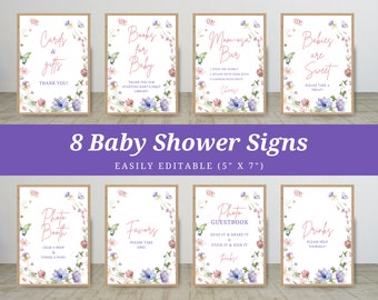 Könnte beinhalten: Acht druckbare Babyparty-Schilder mit floralen Designs und rosa und violettem Text. Die Schilder beinhalten "Karten & Geschenke", "Bücher für Baby", "Mama-Bar", "Babys sind süß", "Foto-Booth", "Geschenke", "Foto-Gästebuch" und "Getränke".