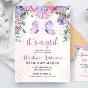 Editable Purple Butterfly Baby Shower Invitation, Butterfly Baby Shower Invitation for Girl, Purple Butterfly, Instant Download