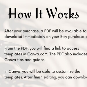 May include: A white background with black text explaining how to use a digital product. The text says "How It Works" and includes three numbered steps. Step 1: After your purchase, a PDF will be available to download immediately on your Etsy purchase page. Step 2: From the PDF, you will find a link to access templates in Canva.com. The PDF also includes Canva tips and guides. Step 3: In Canva, you will be able to customize the templates. After finish editing, you can download it.