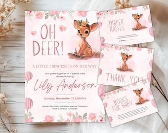 Editable Oh Deer Baby Shower Invitation Bundle, Floral Girl Baby Deer Shower Invite Set, Pink Oh Deer Greenery Baby Shower Set