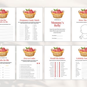 May include: A set of printable baby shower game cards featuring a watercolor illustration of a basket of red berries. The cards include games like "Advice for Parents-to-Be", "Pregnancy Candy Match", "How Big is Mommy's Belly", "Draw the Baby", "How Old Were the Parents-to-Be", "Over or Under", "Would She Rather", and "Celebrity Name Game".