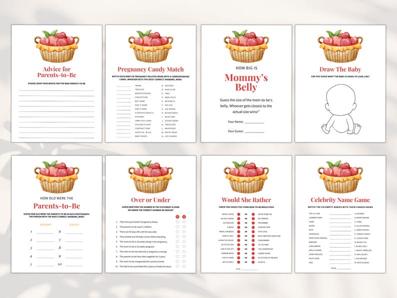 May include: A set of printable baby shower game cards featuring a watercolor illustration of a basket of red berries. The cards include games like "Advice for Parents-to-Be", "Pregnancy Candy Match", "How Big is Mommy's Belly", "Draw the Baby", "How Old Were the Parents-to-Be", "Over or Under", "Would She Rather", and "Celebrity Name Game".