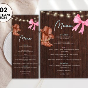 Modèle de menu de révélation du sexe des bottes ou des noeuds | Fête prénatale occidentale rustique | Décoration révélatrice de sexe | Thème cow-boy rose et bleu