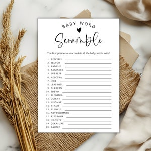 Minimalist Baby Word Scramble Game with Answer Key , Editable Shower Game, Printable Game