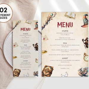 Zauberer-Thema Menükartenvorlage, bearbeitbare magisches Thema Menükarte, druckbare magische Partydekoration, Zaubererschulmenü, Sofort-Download