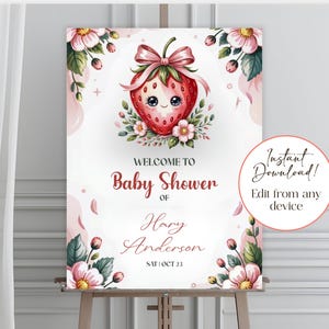 Strawberry Baby Shower Welcome Sign: Editable Canva Template (Digital Download 16x20 inches)