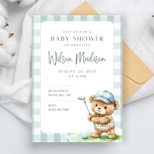 Cute Bear Golf Baby Shower Template, Printable Blue Gingham Baby Shower Invite, Golf Themed Baby Shower Invitation Boy, Editable 5x7 Invite