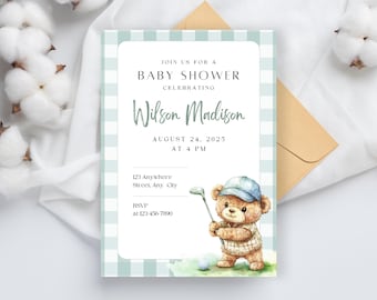 Cute Bear Golf Baby Shower Template, Printable Blue Gingham Baby Shower Invite, Golf Themed Baby Shower Invitation Boy, Editable 5x7 Invite