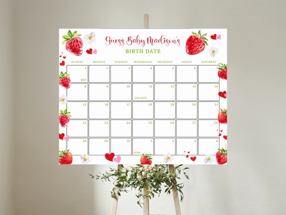 Editable Strawberry Baby Shower Guess Baby's Arrival,Strawberry Baby Due Date Calendar Game,Baby Prediction Game,Berry Sweet Baby Shower