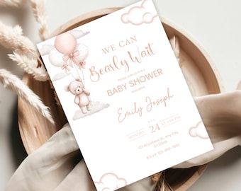 Editable Baby Girl Shower Invitation, We Can Bearly Wait Baby Shower Invite, Teddy Bear Baby Shower Invitation, Pink Baby Shower Invite,