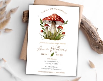 Mushroom Baby Shower Invitation Template, A Little One is On The Way, Woodland Mushroom Invite Forest Baby Shower, Forest Theme Baby Shower