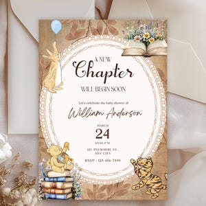A New chapter will soon begin baby shower invitation, Winnie The Pooh Baby Shower, Peter Rabbit, Story Book Baby Shower Invitation