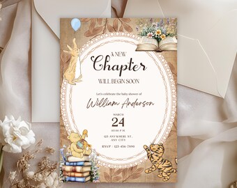 A New chapter will soon begin baby shower invitation, Winnie The Pooh, Peter Rabbit, Story Book Baby, Gender Neutral, Woodland Theme Invites