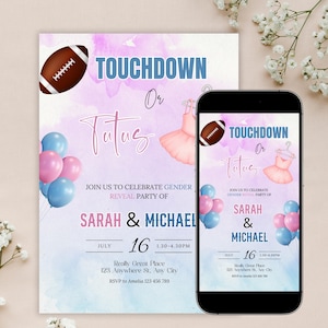 Convite para revelação do sexo do bebê Touchdowns ou Tutus, convite para chá de bebê rosa e azul para futebol ou Tutus, convite eletrônico para revelação do sexo do bebê, Canva
