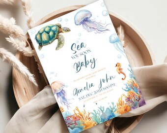 Under the Sea-babyshoweruitnodiging | Afdrukbare nautische walvis oceaanthema-uitnodiging | Babyshower Under The Sea Animals