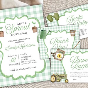 Ensemble d'invitations pour baby shower, petite pousse, non sexiste, Vichy vert, plante verte, livres pour bébé, tombola de couches, carte de remerciement