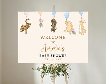 Classic Winnie The Pooh Baby Shower Welcome Sign, Editable Baby Shower Welcome, Welcome Signage Pooh Bear, Party Decor Welcome Poster