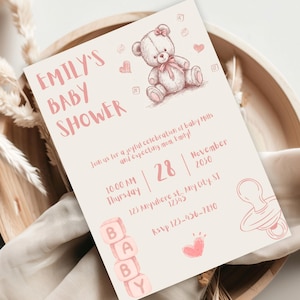 Pink  Teddy Bear Baby Shower | Baby Shower Template |  Baby Shower Invite | DIY Text | Hand drawn Baby Shower Invite| Scribble Invitation