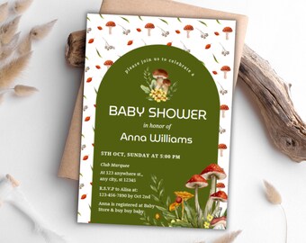 Mushroom Baby Shower Invitation Template, A Little One is On The Way, Woodland Mushroom Invite Forest Baby Shower,Little Fungi Party Invite