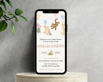Klassische Winnie The Pooh Baby Shower Evite, A Little Hunny ist auf dem Weg BABY SHOWER Evite Geschlechtsneutrale elektronische virtuelle Einladung