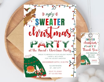 May include: A Christmas party invitation with a green and red sweater design. The invitation says "Ugly Sweater Christmas Party at the David's Christmas Party". The invitation also includes the date and time of the party, the address, and the RSVP information. A thank you tag is also included with the text "Sweater Christmas Party Thank You for making my day special David 24.12.20XX".