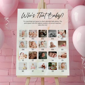 Who's That Baby-fotospelbord en kaart, minimalistisch Guess Who? Babyshowerspel, afdrukbaar babyfotospel, gastbabyfotospel