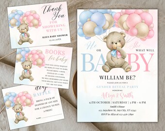 Editable Teddy Bear Gender Reveal Invitation, Baby Boy Or Girl Party Invite Template, Boho Watercolor Bear with Balloons, Instant Download