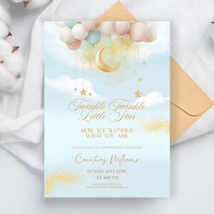 Modello di invito per rivelazione del sesso del bambino Twinkle Twinkle Little Star, invito per baby shower per maschio o femmina, invito con luna rosa e blu, stelle e nuvole