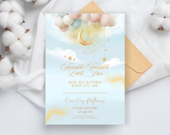 May include: A baby shower invitation with a celestial theme. The design features a light blue background with a gold crescent moon, stars, and balloons. The text "Twinkle Twinkle Little Star" is written in gold script, along with the event details.