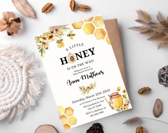 Invito per baby shower "A Little Honey Is On The Way", invito per baby shower a tema ape, modello per baby shower a nido d'ape, baby shower gender neutral
