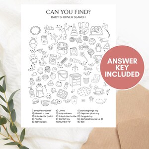 Jeu de recherche pour baby shower imprimable, pouvez-vous trouver un jeu, activité girly d'objets cachés pour bébé, jeu amusant pour bébé, corrigé inclus, sexe neutre
