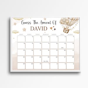 Op de afbeelding: Een printbaar babyshower-spel met een bruine en beige kleurschema. Het spel is een kalender met de tekst "Guess The Arrival Of DAVID" bovenaan. Een luchtballon met een teddybeer bevindt zich in de rechterbovenhoek.