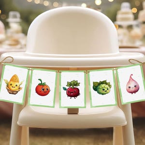 Petite bannière de légumes mignons germés | Cartes éclair mignonnes de légumes | Décoration de bannière végétarienne kawaii | Fête à thème Maternelle, Maternelle, Ferme