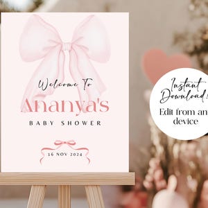 Pink Bow Welcome Sign for Baby Shower, Pink Coquette Baby Shower Entrance Sign Template, Baby Girl Shower Sign, Pretty In Pink Baby Poster